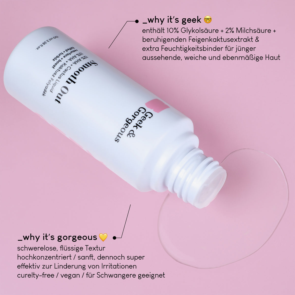 Offene Flasche Smooth Out 100 ml liegt auf rosa Oberfläche; dazu Produktinfos und -vorteile.