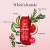 Rote Dose Peptide Dry Shampoo mit Bildern von Aloe Vera, Rosmarin, Grapefruit, Biotin, Peptiden und Kaolin-Ton.
