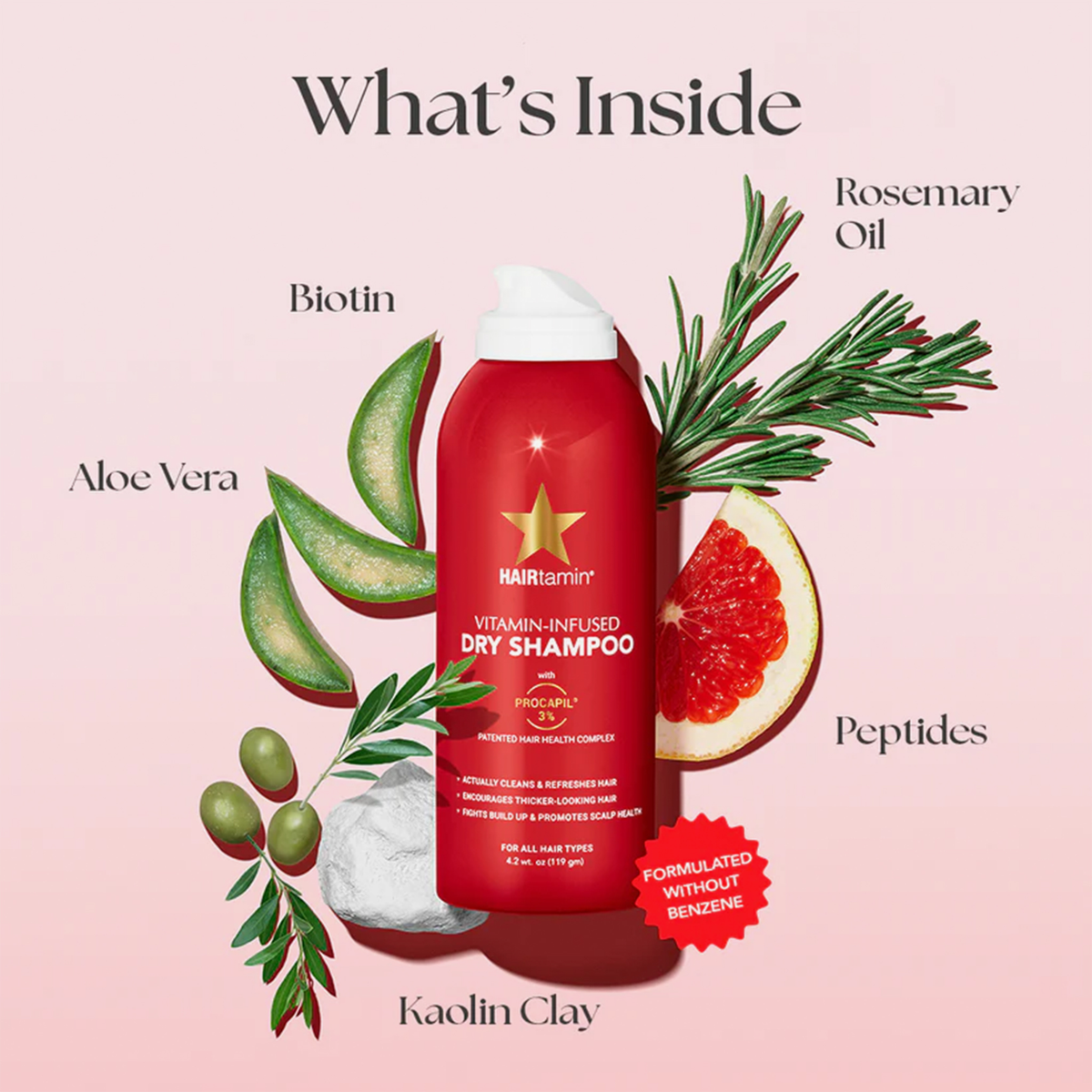 Rote Dose Peptide Dry Shampoo mit Bildern von Aloe Vera, Rosmarin, Grapefruit, Biotin, Peptiden und Kaolin-Ton.