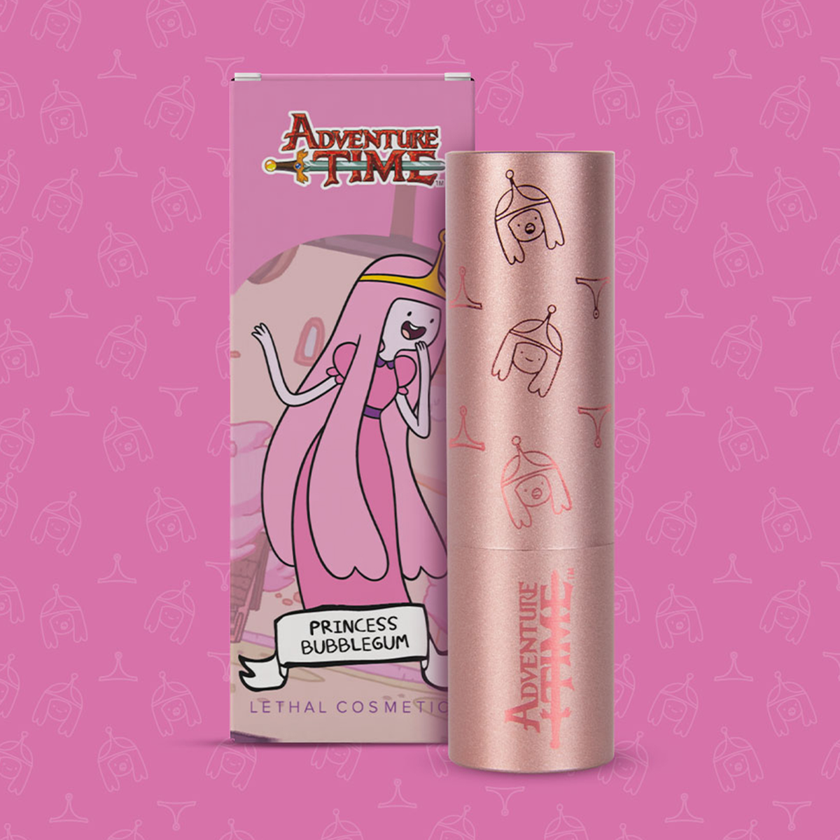 Pinke Schachtel Lethal Cosmetics Adventure Time Lip Balm Princess Bubblegum neben roségoldenem Drehstift mit Abbildungen der Princess Bubblegum.