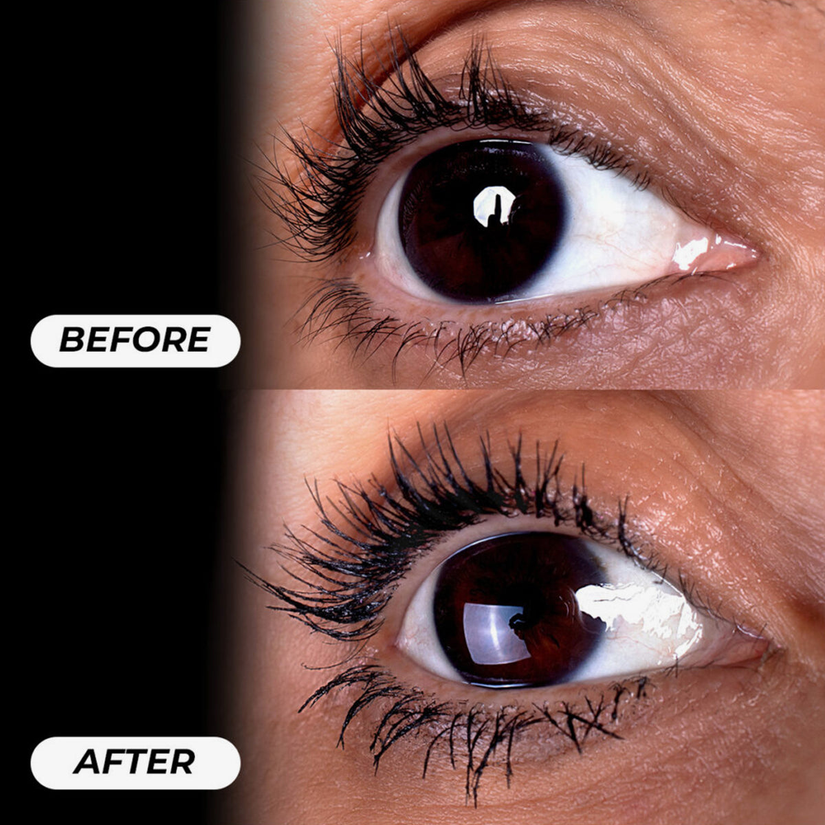 Nahaufnahme eines braunen Auges vor und nach dem Tuschen: Oben natürliche Wimpern, unten deutlich längere, dichtere und getuschte Wimpern.