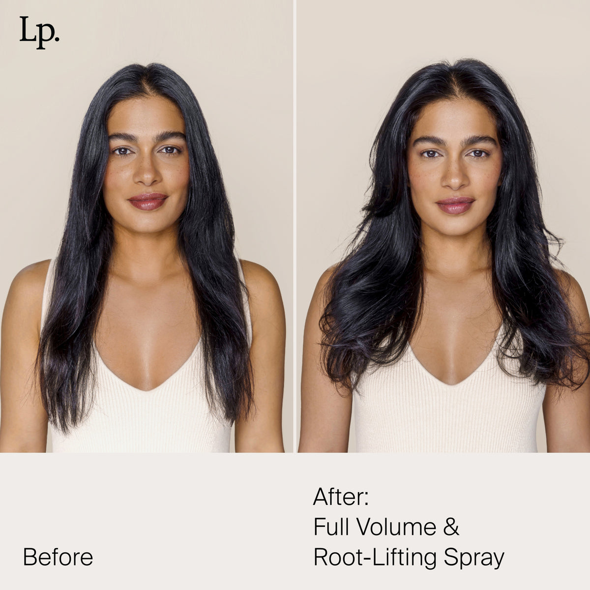 Nebeneinander einer Frau vor und nach der Verwendung von Living Proof Full Volume & Root-Lifting Spray; ihr Haar erscheint auf dem Nachher-Bild deutlich voller und voluminöser.