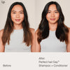 Nebeneinander einer Frau vor und nach der Verwendung des Living Proof Perfect Hair Day Shampoo; nachher deutlich glatter und glänzender aus.