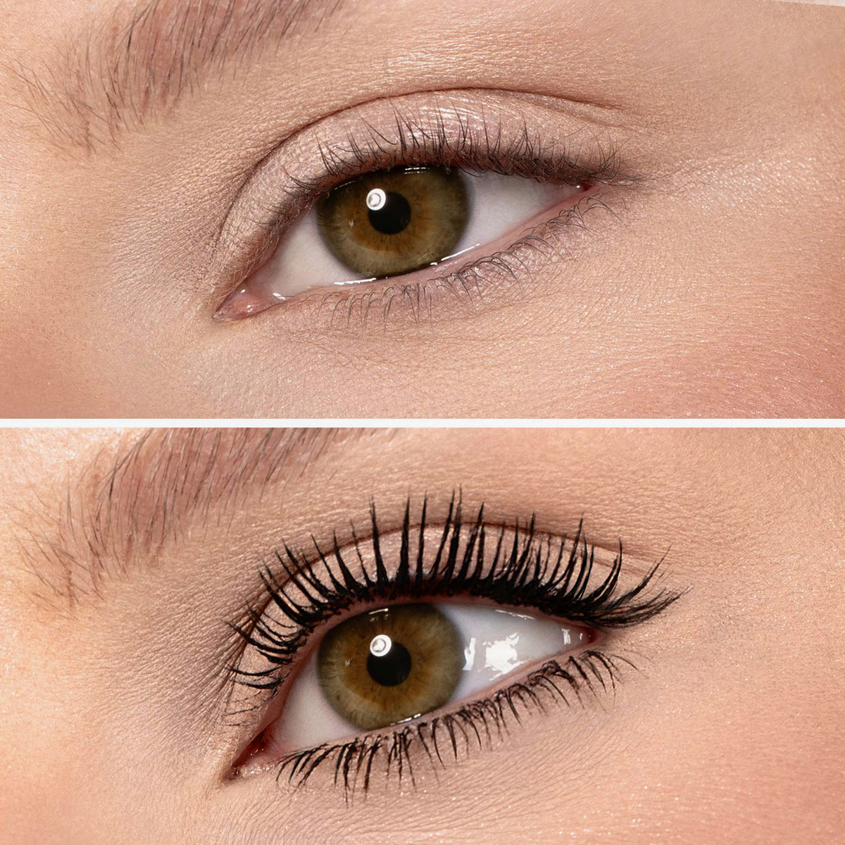 Nahaufnahme eines grünen Auges vor und nach dem Auftragen von Vicious Mascara Waterproof auf die oberen und unteren Wimpern.