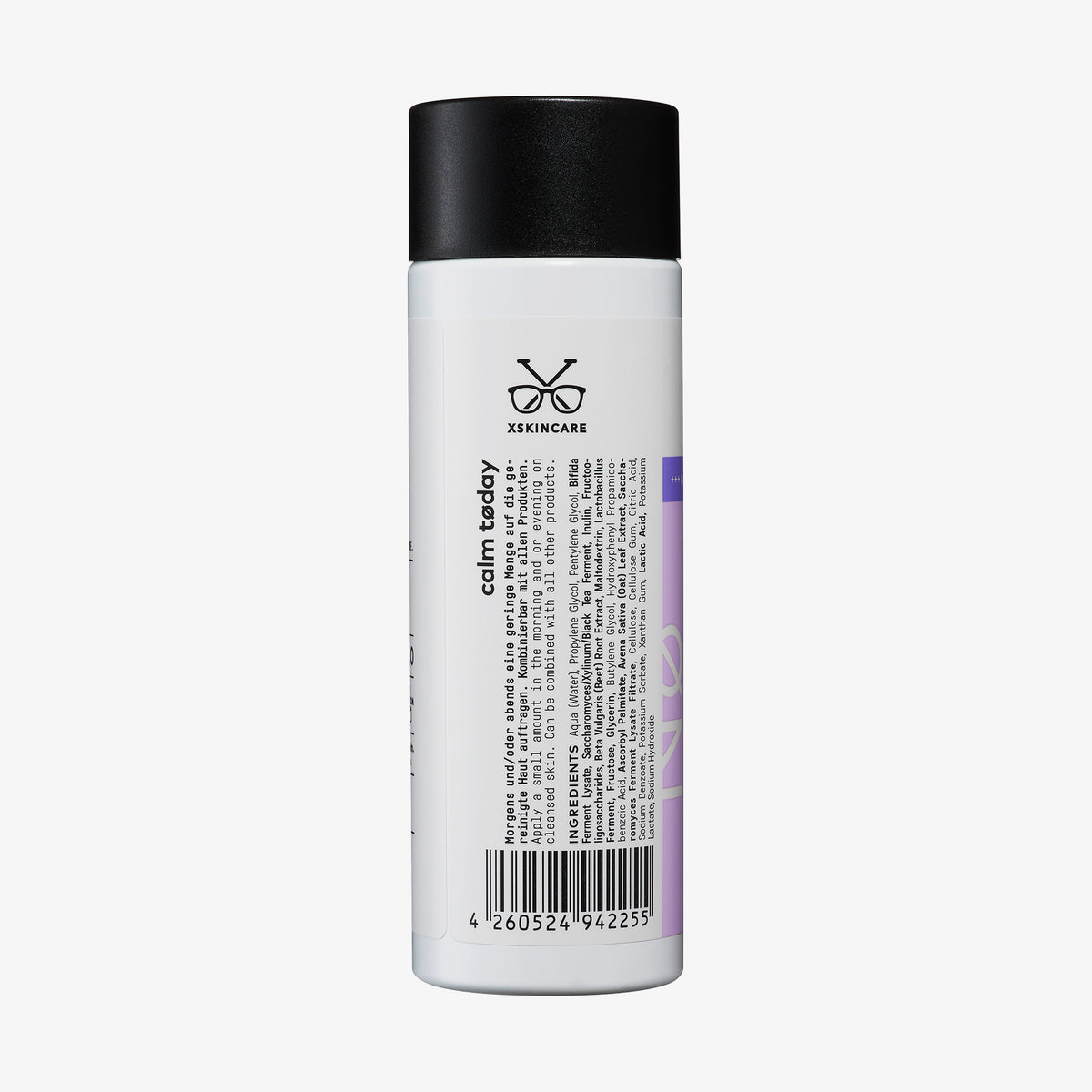 Weiße Produktflasche Liquid Balancer mit schwarzem Deckel und der Aufschrift „Calm Tøday“ sowie Produktdetails in schwarzer Schrift auf der Rückseite.