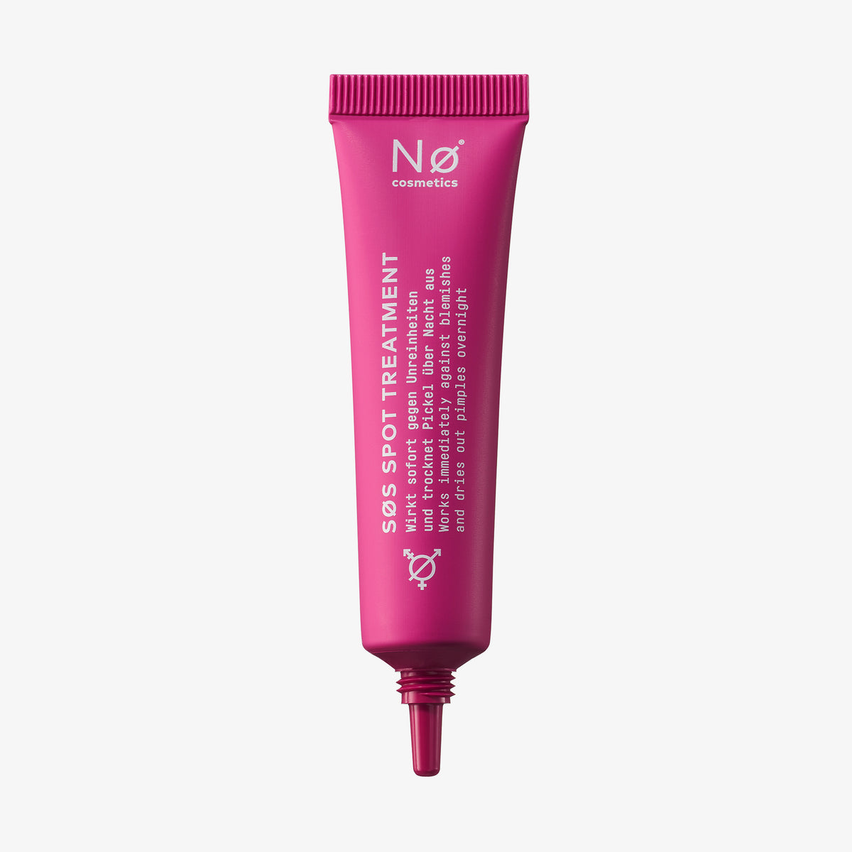 Eine geöffnete rosafarbene Tube von Nø Cosmetics erase tønight SØS Spot Treatment mit weißem Text auf der Vorderseite.