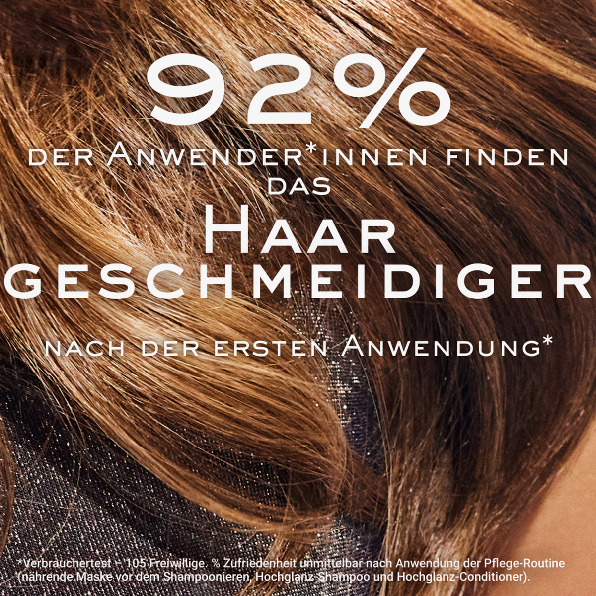 Nahaufnahme von glänzendem, braunem Haar mit weißem Text: „92 % der Anwender*innen finden das Haar geschmeidiger nach der ersten Anwendung“.