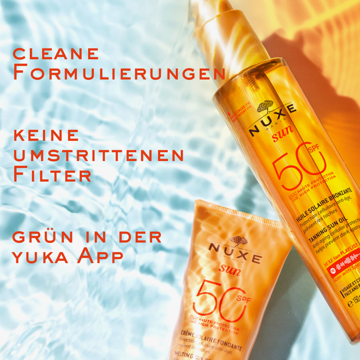 Zwei Sonnenschutzprodukte von NUXE mit SPF 50 vor Wasserhintergrund, daneben Werbeslogans zu Formulierung, UV-Filtern und Yuka-Bewertung.