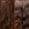 Krauses strapaziertes braunes Haar (vor) und glänzendes gestärktes Haar (nach) der Anwendung von OLAPLEX N°3 Hair Perfector.