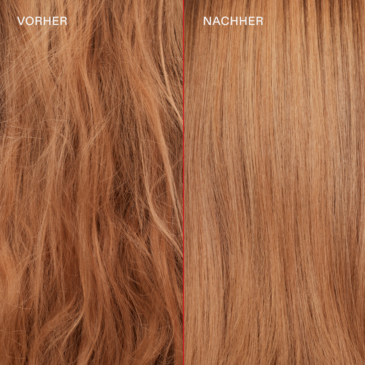 Erdbeerblondes krauses Haar (links) vor und glattes definiertes Haar (rechts) nach der Anwendung des N°7 Bonding Oil 30ml.