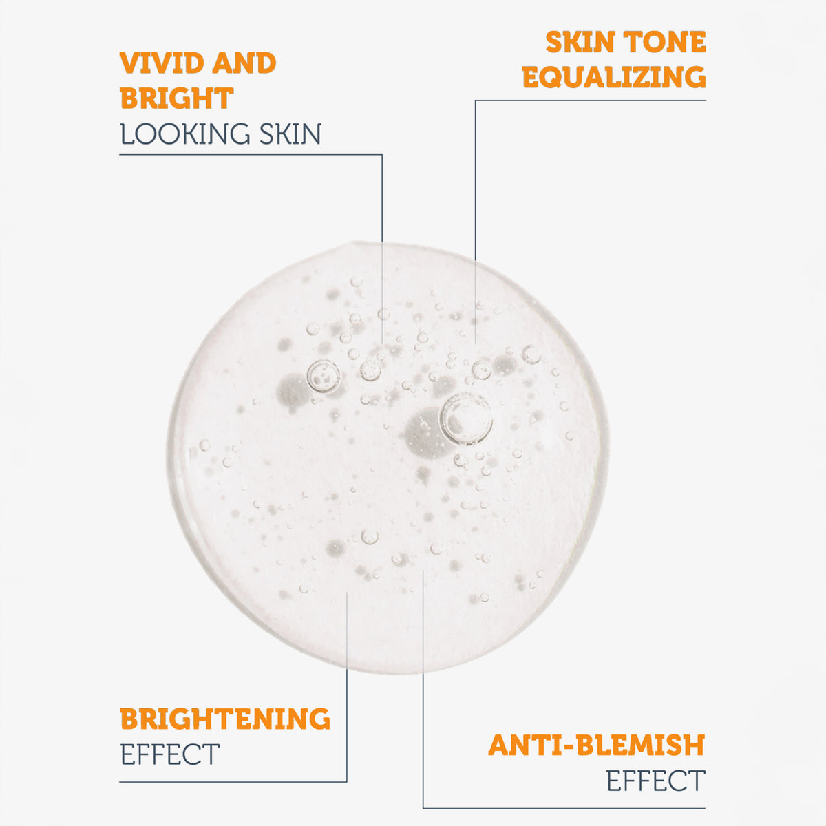 Nahaufnahme der durchsichtigen Textur zeigt die Vorteile wie strahlende Haut, einen ausgeglichenen Hautton, aufhellende und Anti-Hautunreinheiten-Wirkung auf.