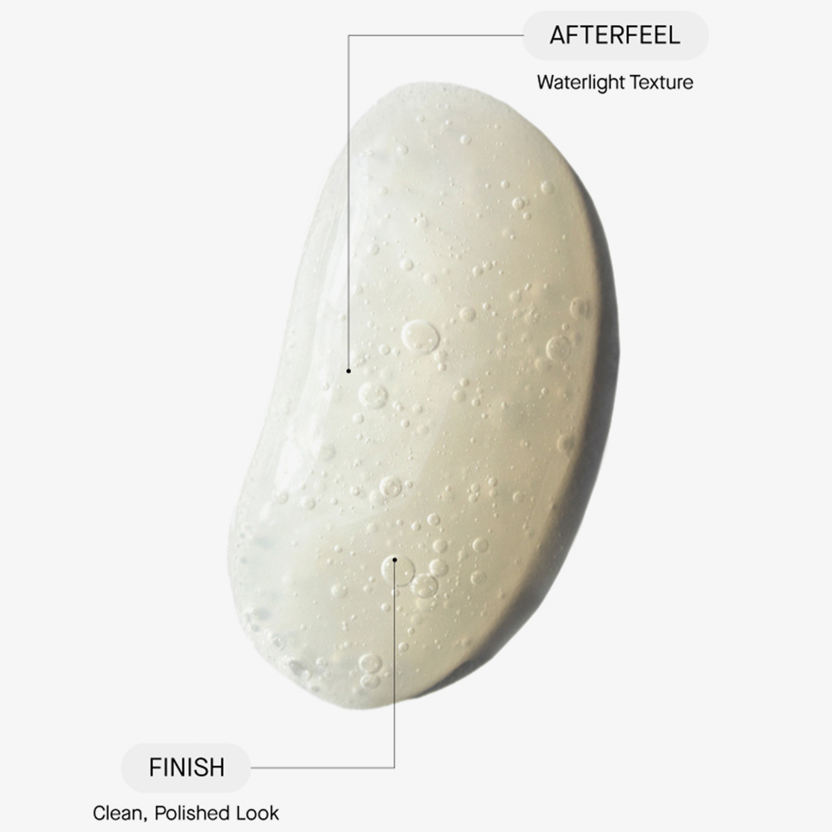 Ein durchscheinendes Gelmuster mit Blasen, beschriftet mit „Nachgefühl: Wasserleichte Textur“ und „Finish: Sauberes, poliertes Aussehen“, stellt den Rose Calming Cleanser pH 5,5 dar.
