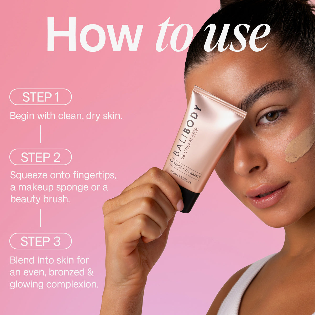 Frau hält BB-Creme von Bali Body vor rosa Hintergrund, daneben Anwendungsschritte