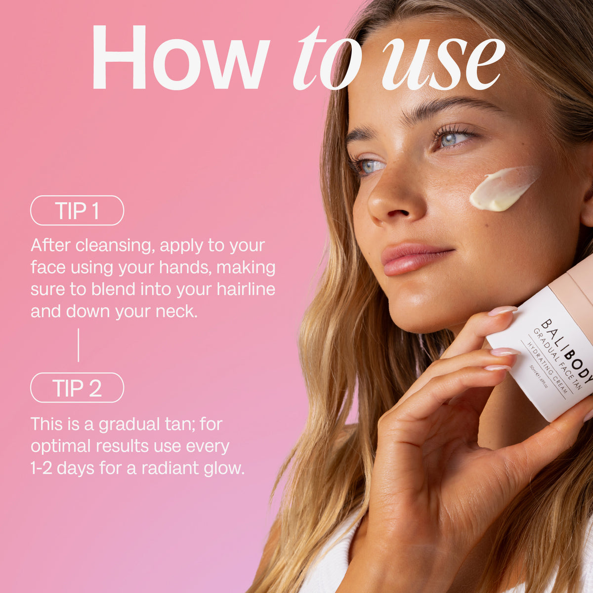 Frau mit einem Streifen Creme im Gesicht hält den Gradual Face Tan, daneben Awendungshinweise.