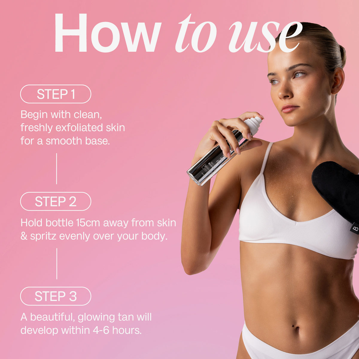 Eine Frau im weißen Bikini hält ein Self Tan Body Mist; daneben Anwendungshinweise vor einem rosa Hintergrund