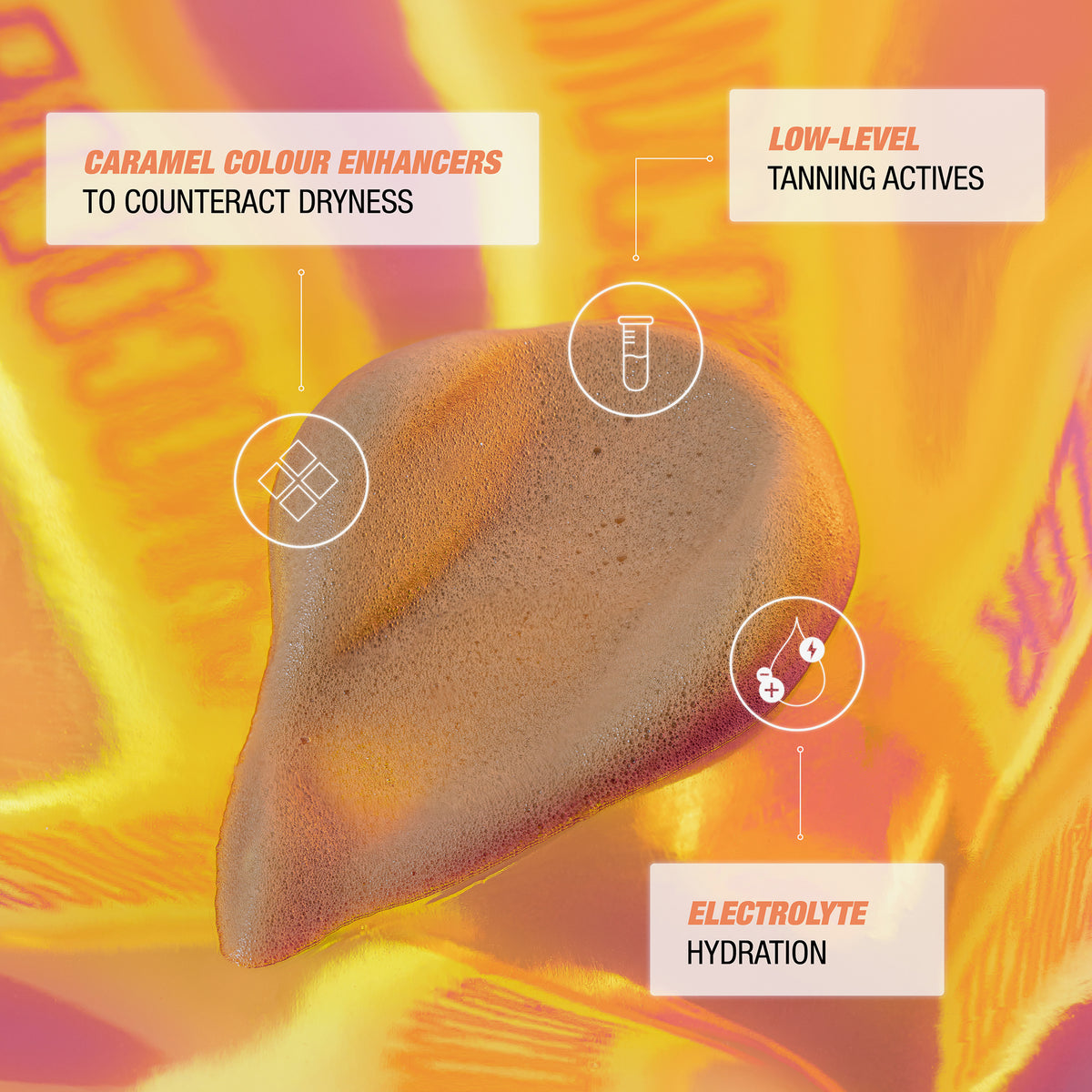 Brauner Swatch des Technocolor 1 Hour Express Self Tanning Foam Caramel; dazu Vorteile des Produkts