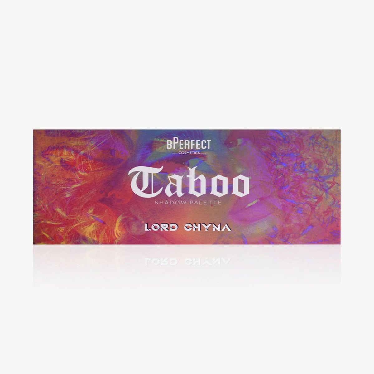 Farbenfrohe Verpackung der BPerfect Cosmetics x Lord Chyna Taboo Palette vor weißem Hintergrund.