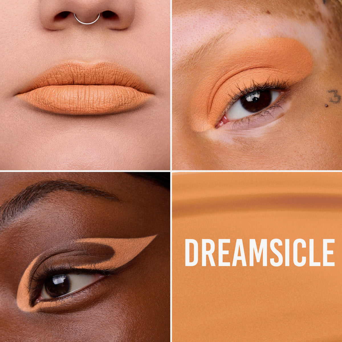 Vier Bilder der Colorfix Pastels Dreamsicle als verschiedenes Augen- und Lippen-Make-up Looks und als Farbmuster.