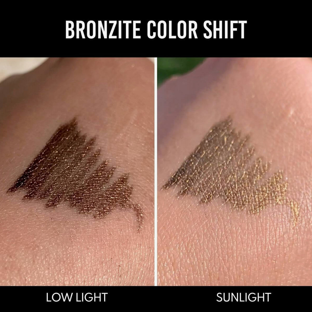 Eine Hand zeigt Farbmuster des Infinite Chrome Pencil Bronzite bei schwachem Licht (bronze schimmernd) und im Sonnenlicht (gold schimmernd).