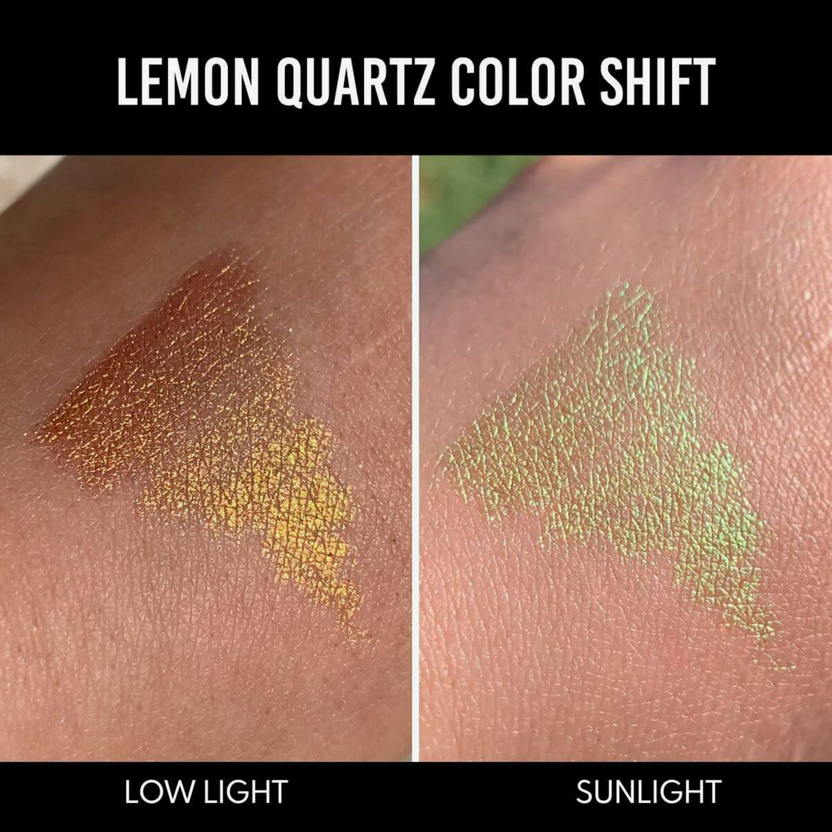 Eine Hand zeigt Farbmuster des Infinite Chrome Pencil Lemon Quartz bei schwachem Licht (orange-gelb schimmernd) und im Sonnenlicht (gelb-grün schimmernd).