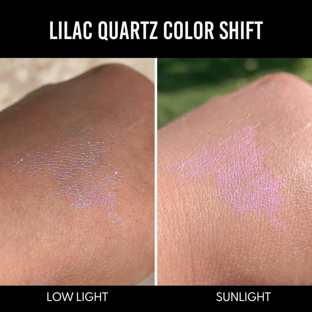 Eine Hand zeigt Farbmuster des Infinite Chrome Pencil Lilac Quartz bei schwachem Licht (violett schimmernd) und im Sonnenlicht (rosa-violett schimmernd).