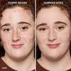 Vorher-Nachher-Bild des Gesichts einer Frau vor und nach der Verwendung von Yummy Skin Blurring Balm Powder 0.5; nachher mit deutlich ebenmäßigerem Teint.