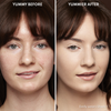 Vorher-Nachher-Bild des Gesichts einer Frau vor und nach der Verwendung von Yummy Skin Blurring Balm Powder 1; nachher mit deutlich ebenmäßigerem Teint.