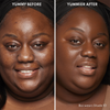 Vorher-Nachher-Bild des Gesichts einer Frau vor und nach der Verwendung von Yummy Skin Blurring Balm Powder 10; nachher mit deutlich ebenmäßigerem Teint.