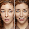 Vorher-Nachher-Bild des Gesichts einer Frau vor und nach der Verwendung von Yummy Skin Blurring Balm Powder 2; nachher mit deutlich ebenmäßigerem Teint.