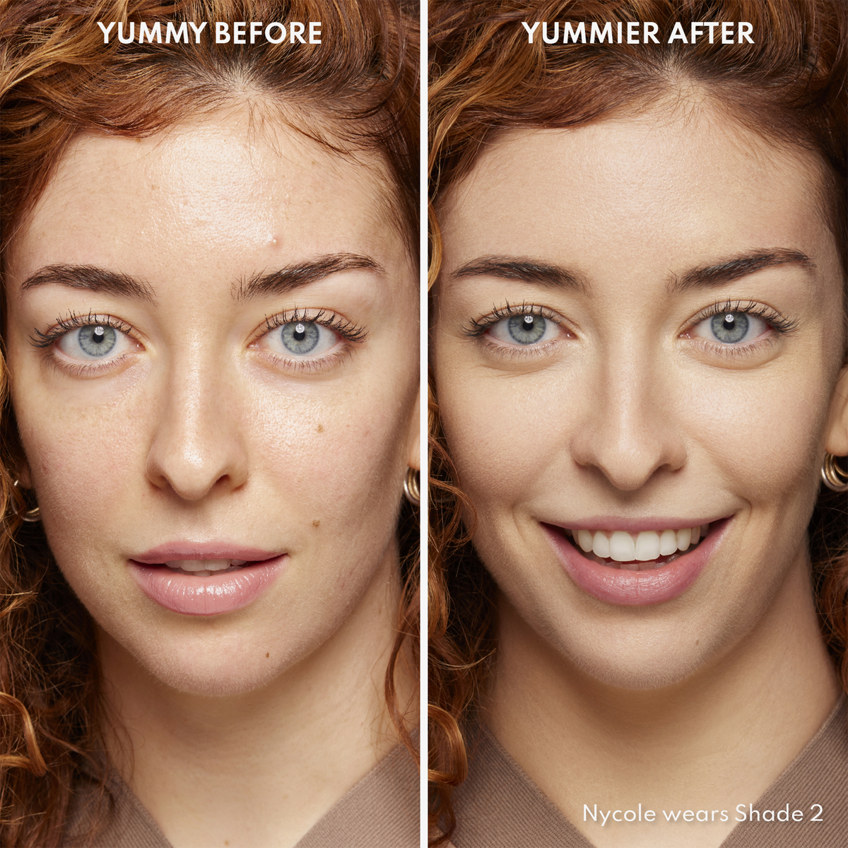Vorher-Nachher-Bild des Gesichts einer Frau vor und nach der Verwendung von Yummy Skin Blurring Balm Powder 2; nachher mit deutlich ebenmäßigerem Teint.