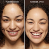 Vorher-Nachher-Bild des Gesichts einer Frau vor und nach der Verwendung von Yummy Skin Blurring Balm Powder 3; nachher mit deutlich ebenmäßigerem Teint.