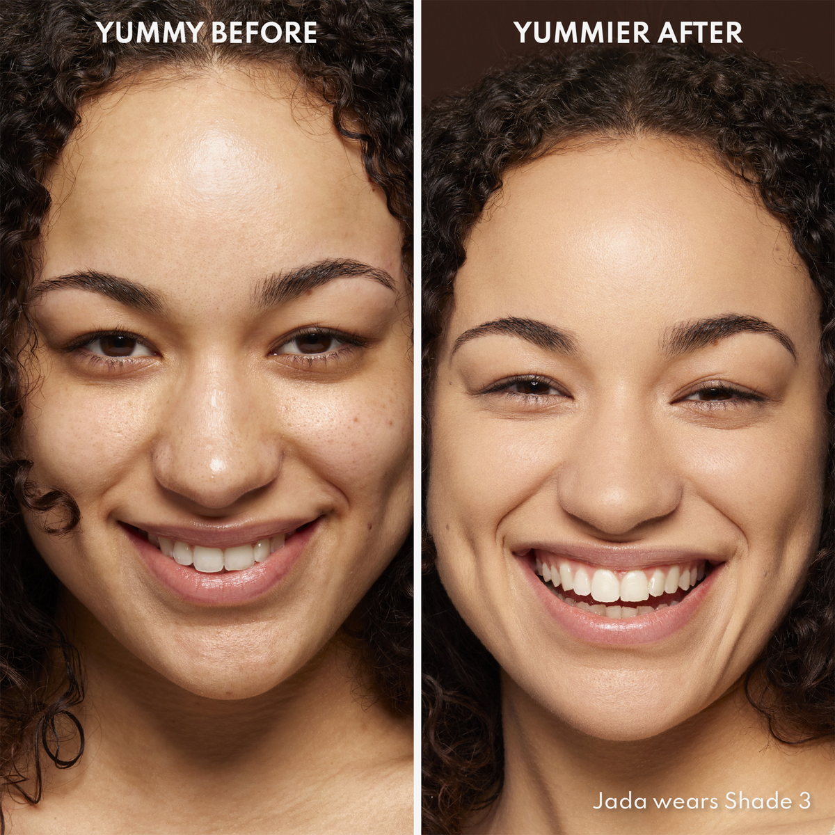 Vorher-Nachher-Bild des Gesichts einer Frau vor und nach der Verwendung von Yummy Skin Blurring Balm Powder 3; nachher mit deutlich ebenmäßigerem Teint.