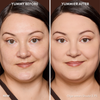 Vorher-Nachher-Bild des Gesichts einer Frau vor und nach der Verwendung von Yummy Skin Blurring Balm Powder 3.75; nachher mit deutlich ebenmäßigerem Teint.