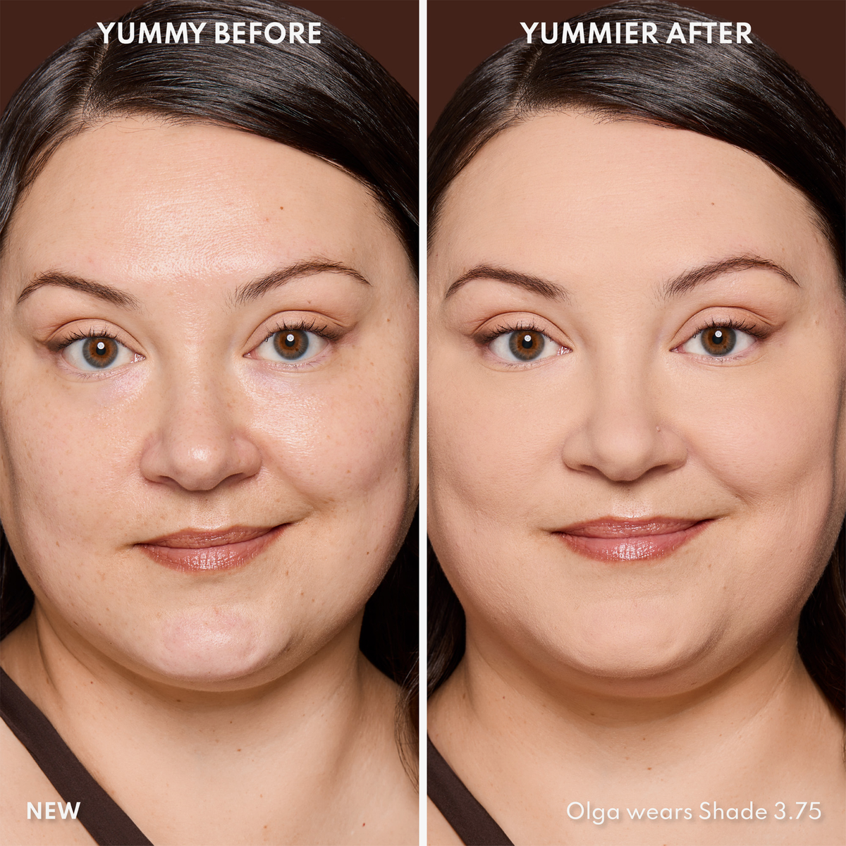 Vorher-Nachher-Bild des Gesichts einer Frau vor und nach der Verwendung von Yummy Skin Blurring Balm Powder 3.75; nachher mit deutlich ebenmäßigerem Teint.