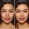 Vorher-Nachher-Bild des Gesichts einer Frau vor und nach der Verwendung von Yummy Skin Blurring Balm Powder 4.5; nachher mit deutlich ebenmäßigerem Teint.