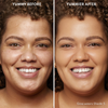Vorher-Nachher-Bild des Gesichts einer Frau vor und nach der Verwendung von Yummy Skin Blurring Balm Powder 5; nachher mit deutlich ebenmäßigerem Teint.
