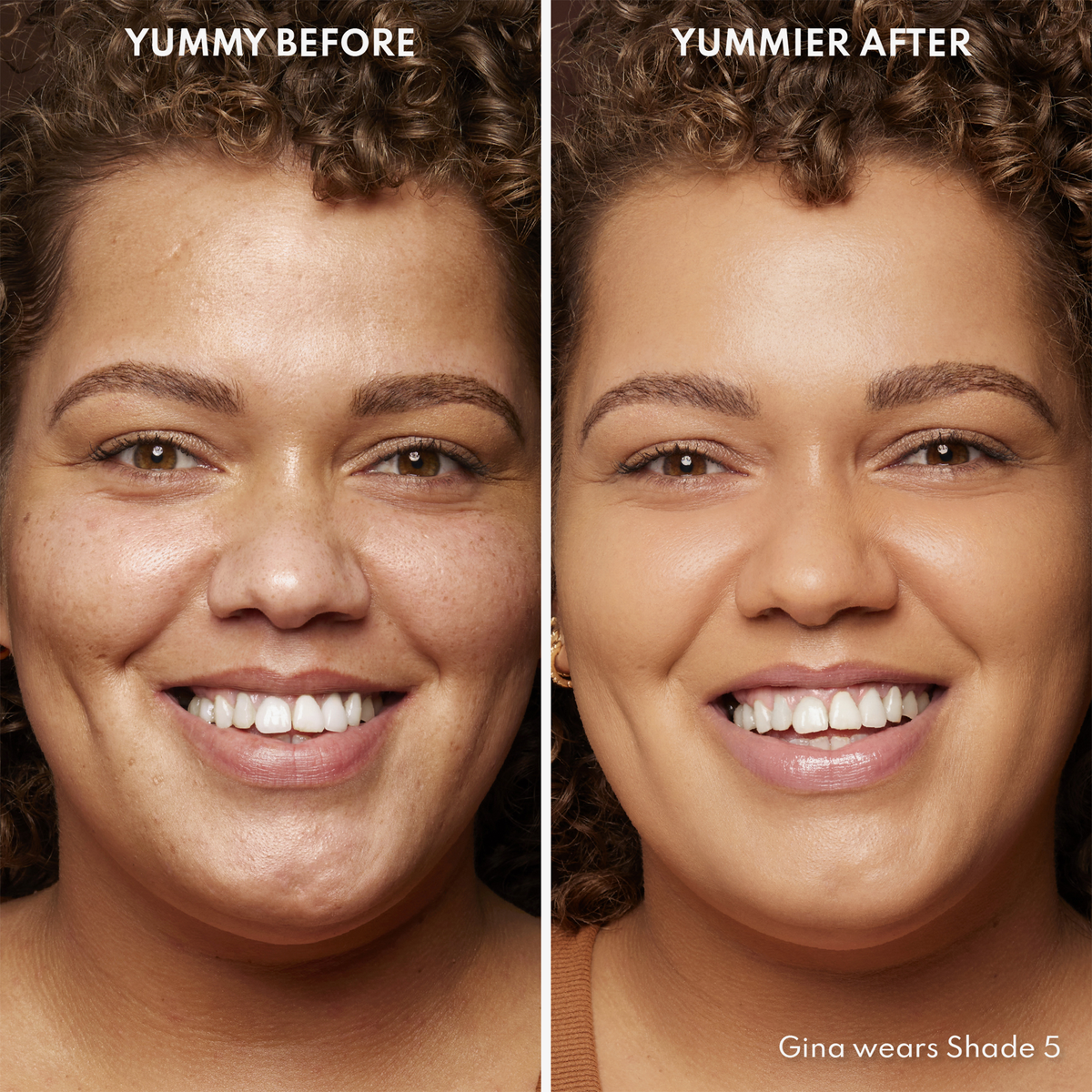 Vorher-Nachher-Bild des Gesichts einer Frau vor und nach der Verwendung von Yummy Skin Blurring Balm Powder 5; nachher mit deutlich ebenmäßigerem Teint.