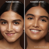 Vorher-Nachher-Bild des Gesichts einer Frau vor und nach der Verwendung von Yummy Skin Blurring Balm Powder 6; nachher mit deutlich ebenmäßigerem Teint.