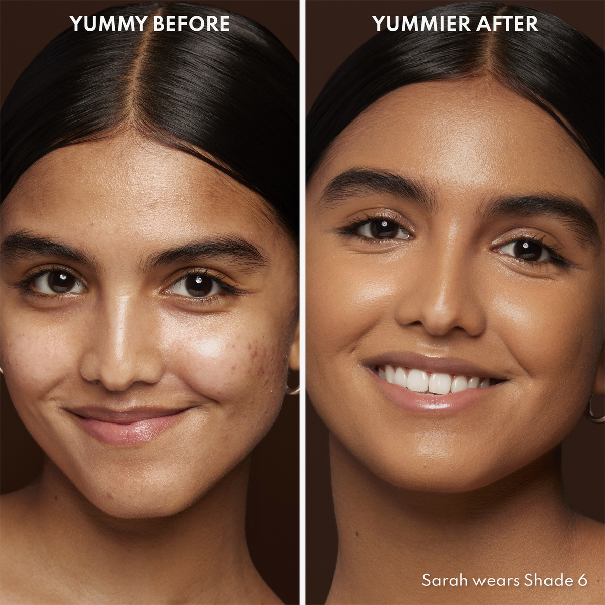 Vorher-Nachher-Bild des Gesichts einer Frau vor und nach der Verwendung von Yummy Skin Blurring Balm Powder 6; nachher mit deutlich ebenmäßigerem Teint.