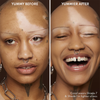 Vorher-Nachher-Bild des Gesichts einer Frau vor und nach der Verwendung von Yummy Skin Blurring Balm Powder 7; nachher mit deutlich ebenmäßigerem Teint.