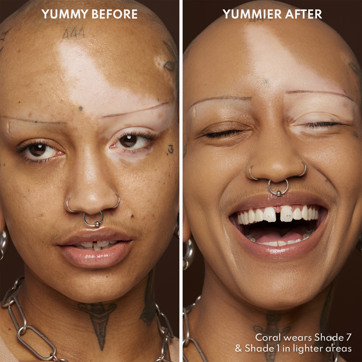 Vorher-Nachher-Bild des Gesichts einer Frau vor und nach der Verwendung von Yummy Skin Blurring Balm Powder 7; nachher mit deutlich ebenmäßigerem Teint.