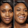Vorher-Nachher-Bild des Gesichts einer Frau vor und nach der Verwendung von Yummy Skin Blurring Balm Powder 8; nachher mit deutlich ebenmäßigerem Teint.