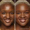 Vorher-Nachher-Bild des Gesichts einer Frau vor und nach der Verwendung von Yummy Skin Blurring Balm Powder 9; nachher mit deutlich ebenmäßigerem Teint.
