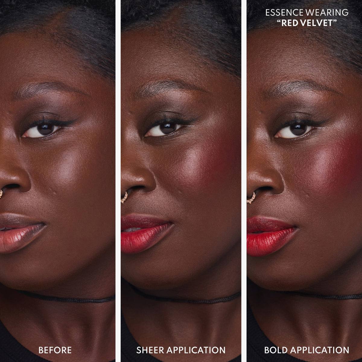 Schwarze Frau trägt roten Blush in der Farbe ‚Red Velvet‘ – ungeschminkt, leicht aufgetragen und intensiv aufgetragen im Vergleich.