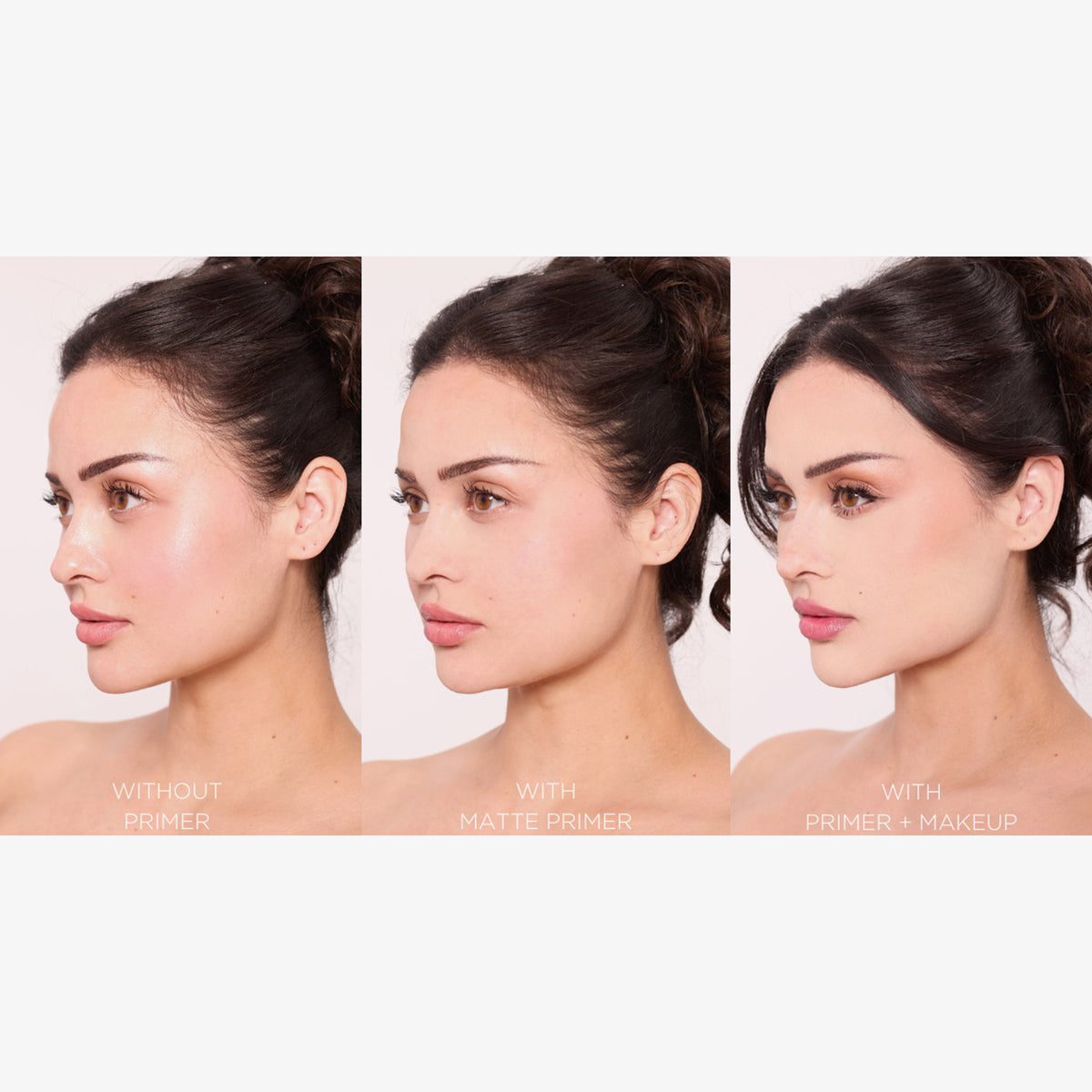 Nebeneinanderstellung des Gesichts einer Frau: ohne Primer, mit Cooling Blur Mattifying Primer und mit Cooling Blur Mattifying Primer plus Make-up.