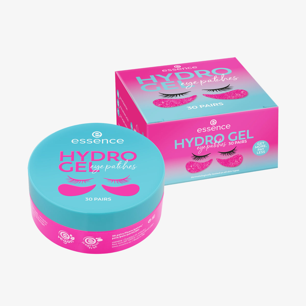 Pink-blaue Verpackung der Essence HYDRO GEL eye patches 30 PAIRS neben rundem rosafarbenen Tiegel.
