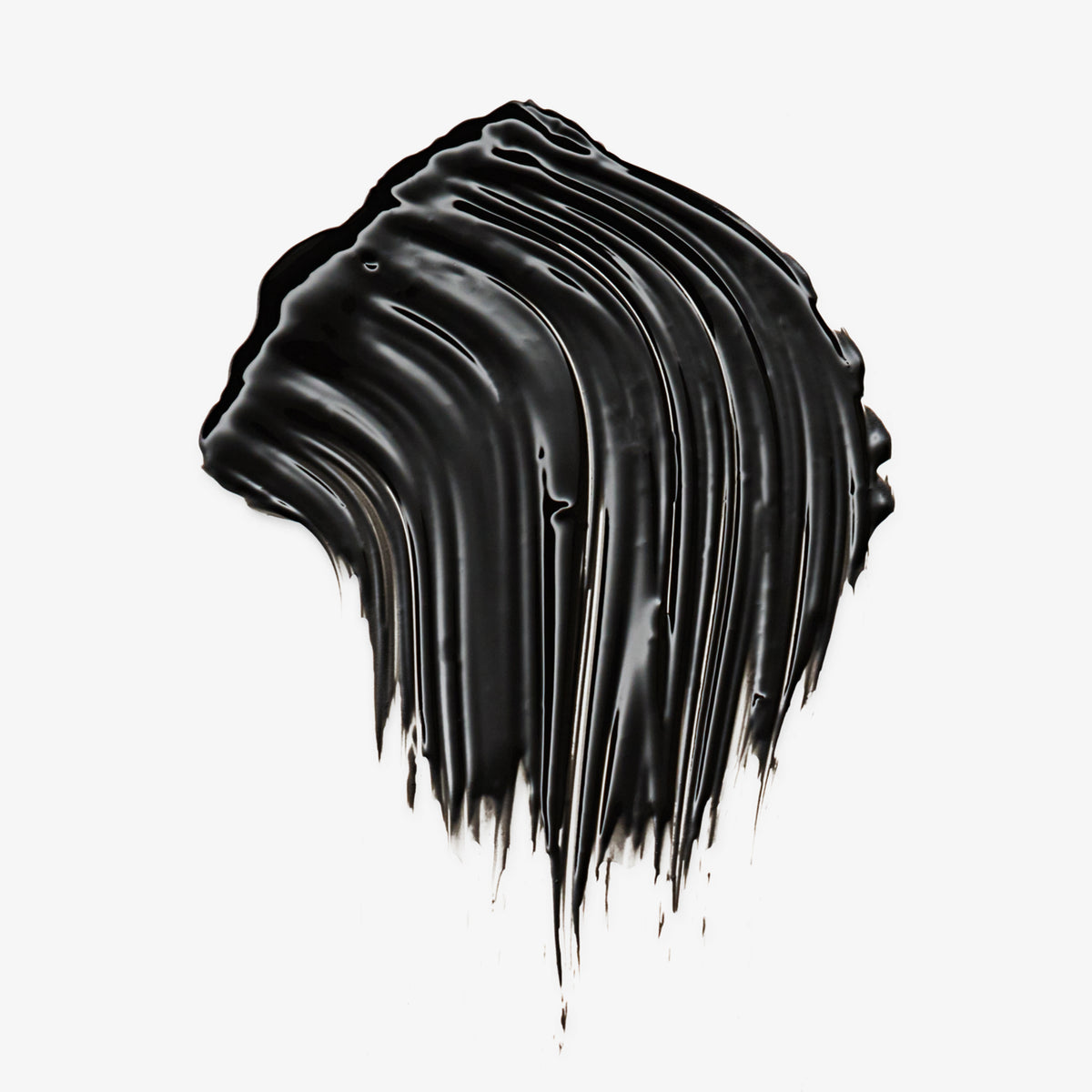 Ein dicker, strukturierter schwarzer Strich der I LOVE EXTREME Volume Mascara 01  auf weißem Hintergrund.