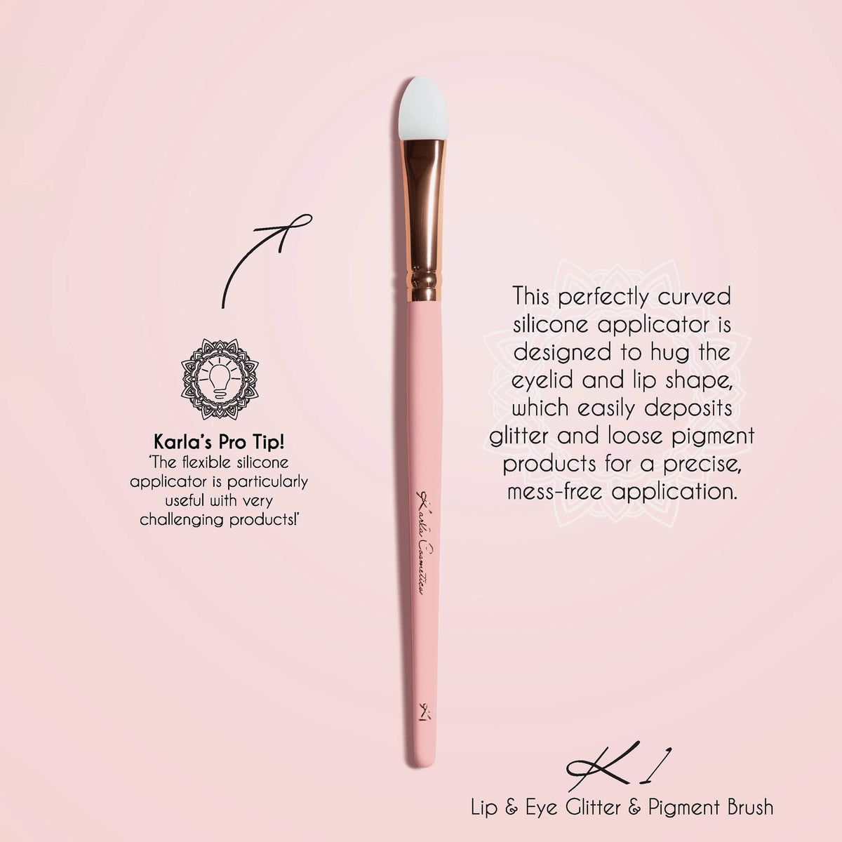 Der K1: Eye & Lip Glitter Pigment Brush auf rosa Hintergrund; dazu  beschreibender Text auf hellrosa Hintergrund.