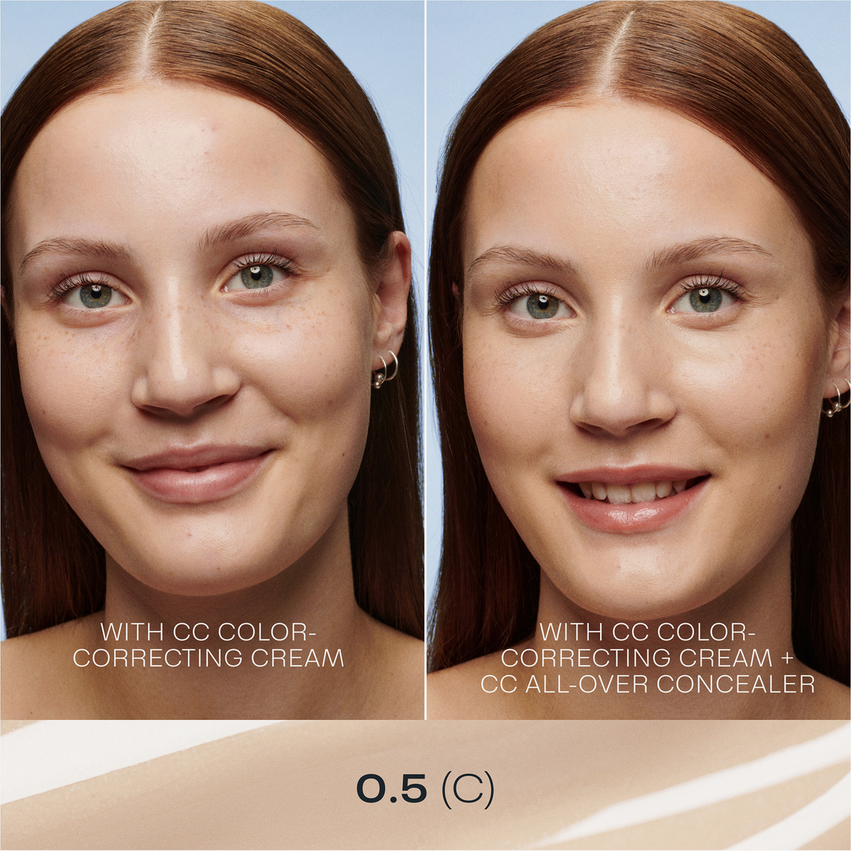 Brünette Frau vor und nach der Anwendung des Lumene CC All-Over Concealer 05 Light - Nachher: ebenmäßiger, strahlenden Teint.