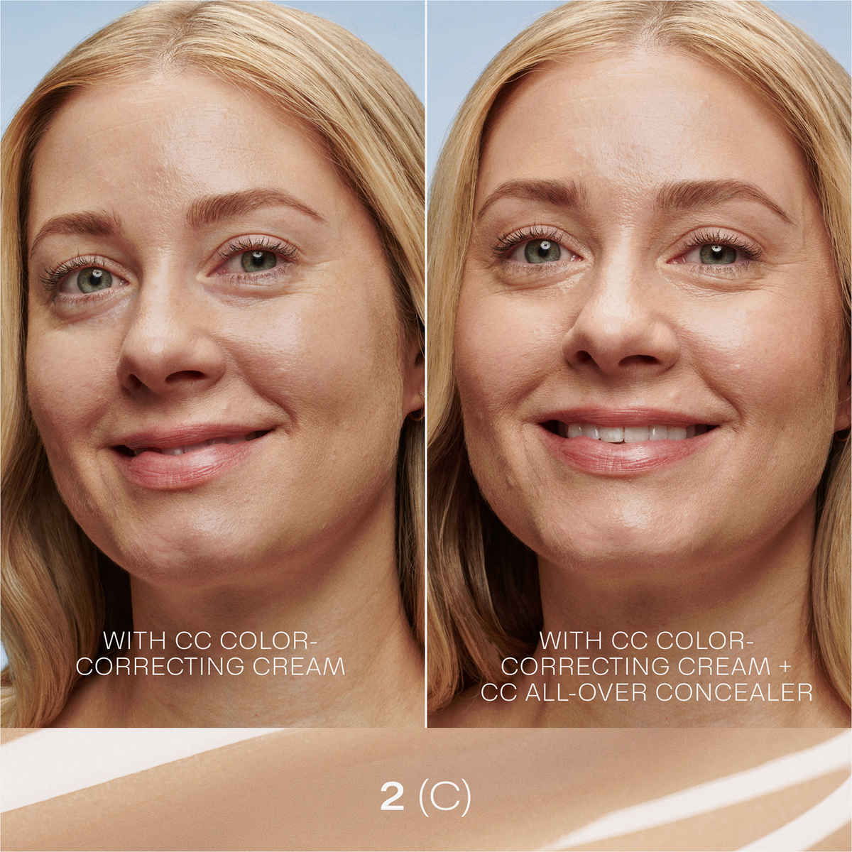 Blonde Frau vor und nach der Anwendung des Lumene CC All-Over Concealer 2 Medium - Nachher: ebenmäßiger, strahlenden Teint.